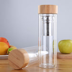 Glass Water Tea Bottles with Infuser Bamboo Lid Double Wall Brief Portable Outdoor Bottle, 350ML, 450ML