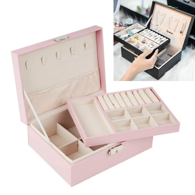Portable Leather Jewelry Storage Box Necklace Ring Watch Storage Box, Double Layer