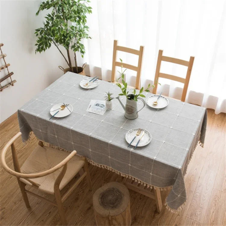 Square Lattice Embroidered Tablecloth Pure Color Cotton Linen Tassel Rectangular Coffee Table Mat, 140x220cm, 140x240cm, 140x260cm, 140x300cm