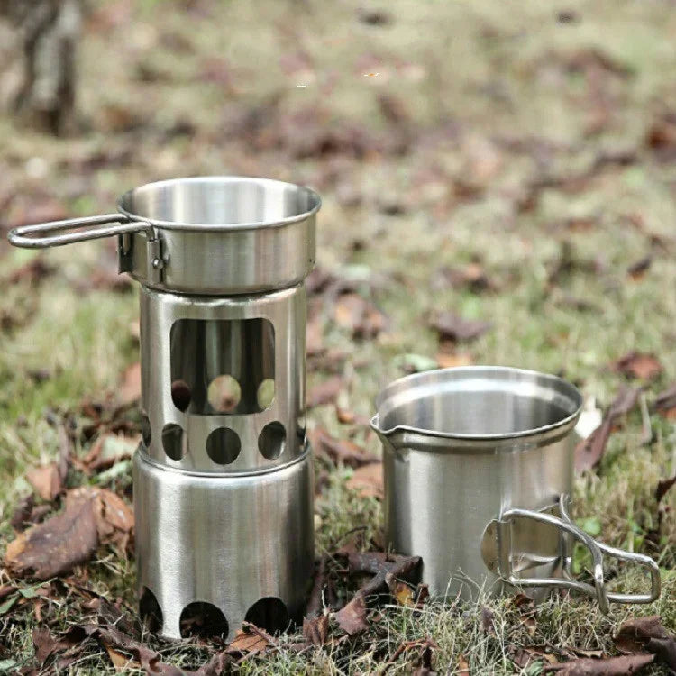 Outdoor Stainless Steel Windproof Stove Portable Camping Roast Stove Set, Wood Stove, Stove Set+Wood Stove