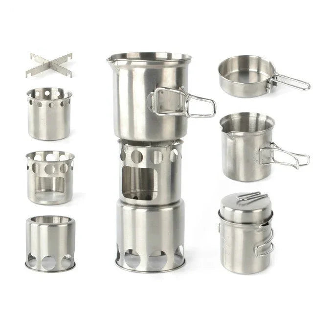 Outdoor Stainless Steel Windproof Stove Portable Camping Roast Stove Set, Wood Stove, Stove Set+Wood Stove