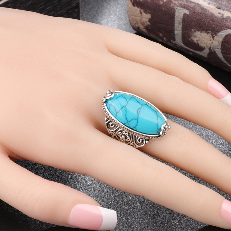 Fashion Vintage Oval Turquoise Flower Ring Women Antique Silver Jewelry, 7, 8, 10