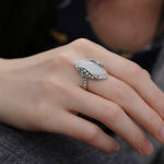 Vintage Silver Plated White Big Oval Opal Ring For Women, 8