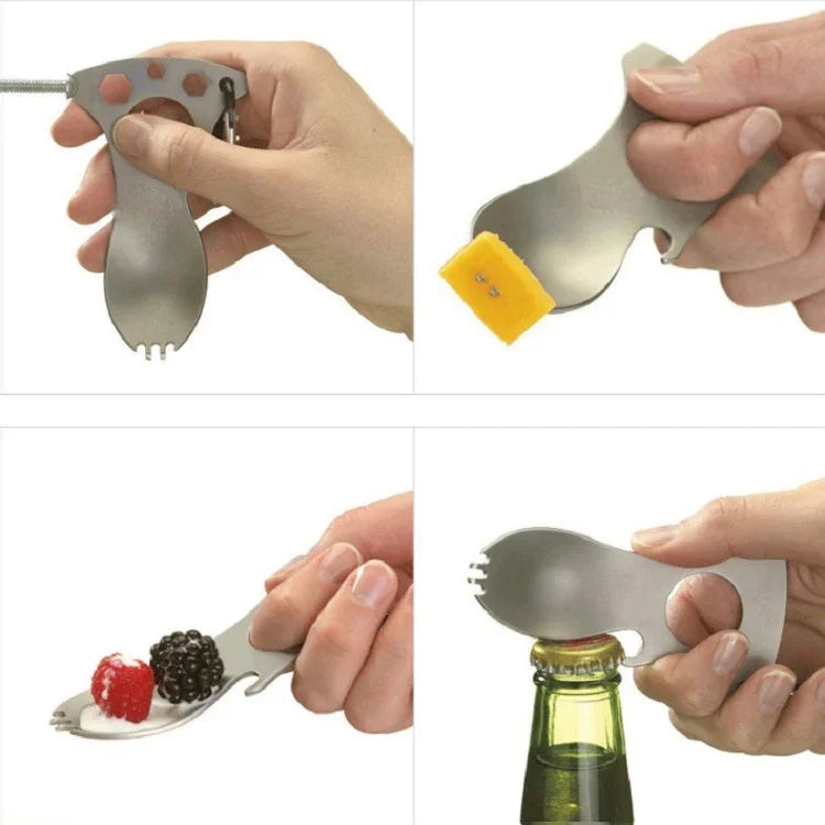 Outdoor Multifunctional Camping Spoon Stainless Steel Tableware Portable Picnic Tableware Fork And Spoon, Light Grey, Black
