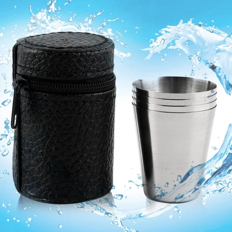 4 in 1 Outdoor Mini Stainless Steel Cup Hiking Camping Travel Portable Drinking Water Cup Set Leather Cup, 30ML