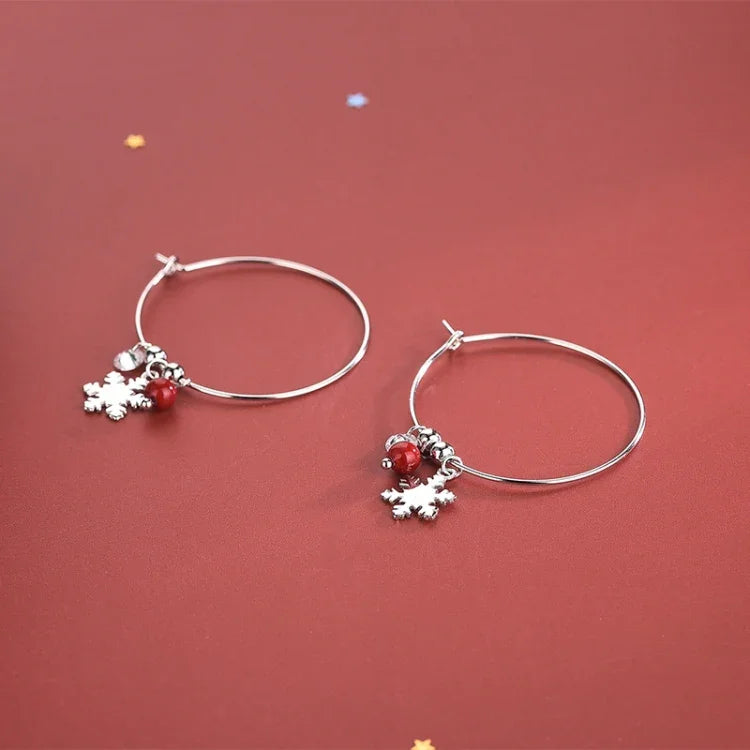 S925 Sterling Silver Sparkling Diamond Red Ball Snowflake Earrings Christmas Earrings