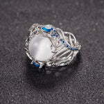 Vintage Silver Hollow Natural Opal Rings Feather Pattern Rings for Women Jewelry, 6, 7, 9
