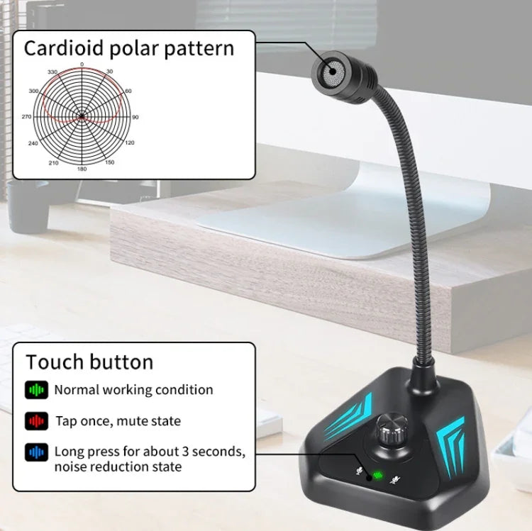 MI520 Desktop Computer Gooseneck Condenser Microphone, USB Version with RGB Breathing Lamp