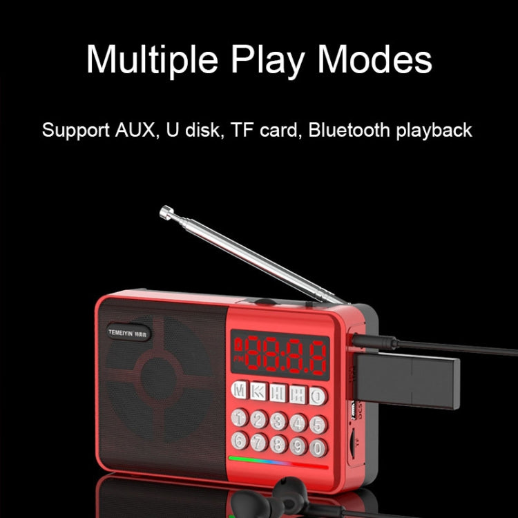 TEMEIYIN LED Digital Display Card Bluetooth Radio Speaker Morning Exercise Portable Player, Red, Red with Light