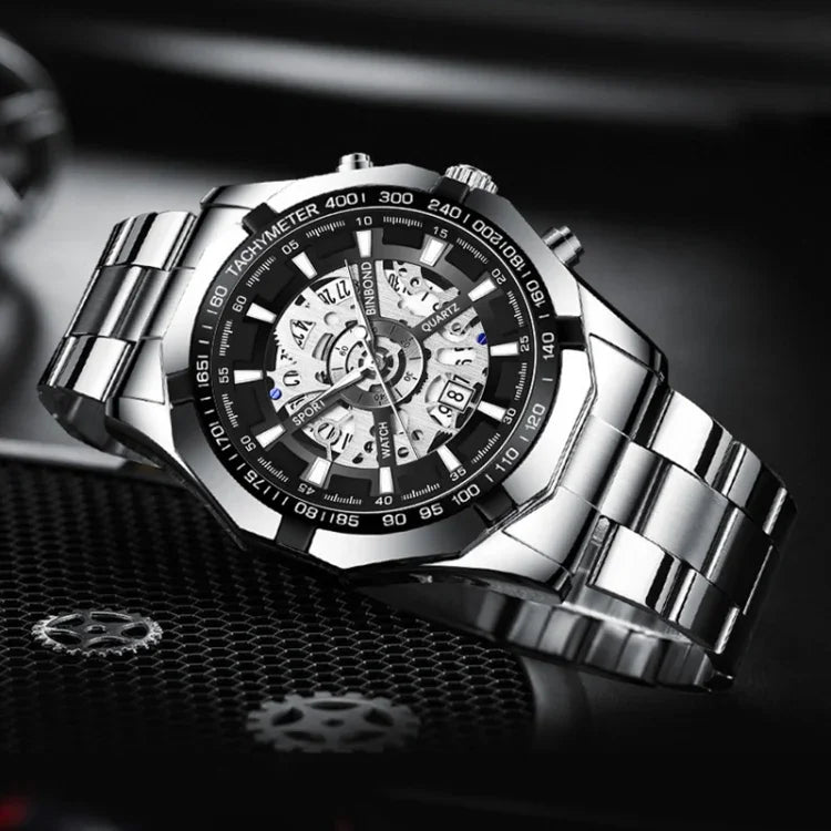 BINBOND S033 Hollowed Mechanical 30m Waterproof Luminous Quartz Watch, Black Steel-Black-Gold, Black Steel-Black-Rose Gold, Full Gold-Black-Gold, Blue Steel-Blue