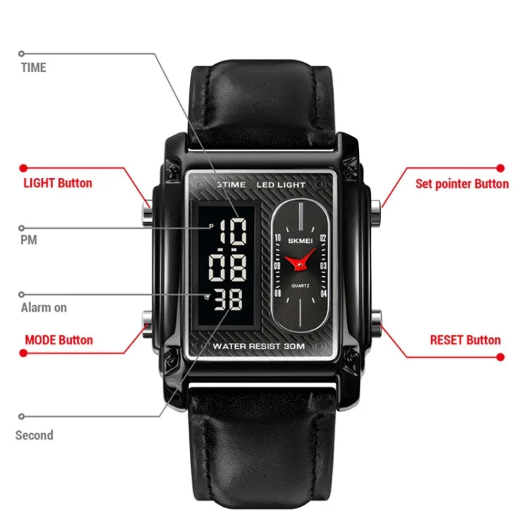 SKMEI 1868 Square Double Display Waterproof Men Watch, Style:, Steel Belt (Black), Leather Belt (Black), Steel Belt (Rose Gold), Leather Belt (Rose Gold), Steel Belt (Gold), Leather Belt (Gold), Steel Belt (Silver), Leather Belt (Silver)