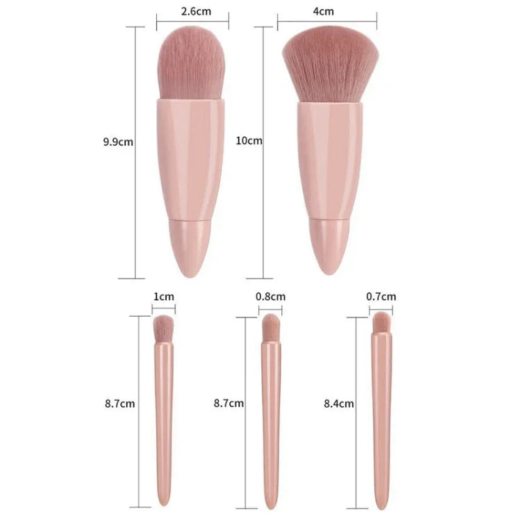 5pcs/Set Medium Portable Makeup Brush Set With Mirror Mini Multifunctional Makeup Brush, Brown, Rose Red, Pink, Fluorescent Green