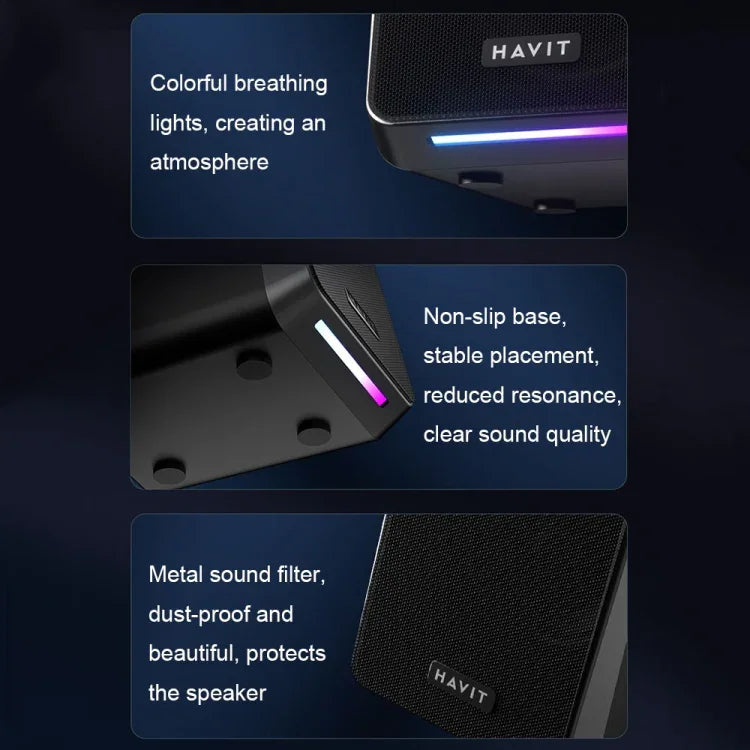 Havit A20 Plus Colorful Ambient Light Wired Computer Audio Stereo Surround Sound Speaker, Black, Bluetooth Version