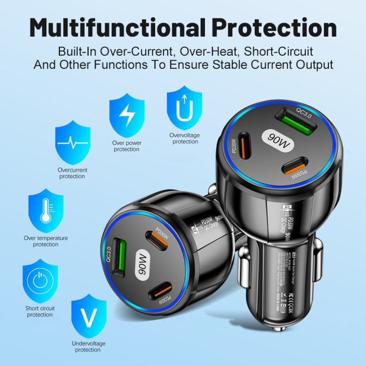 90W Super Fast Charging USB-C Car Charger Dual PD 30W+QC3.0 Charging Station, Black, White