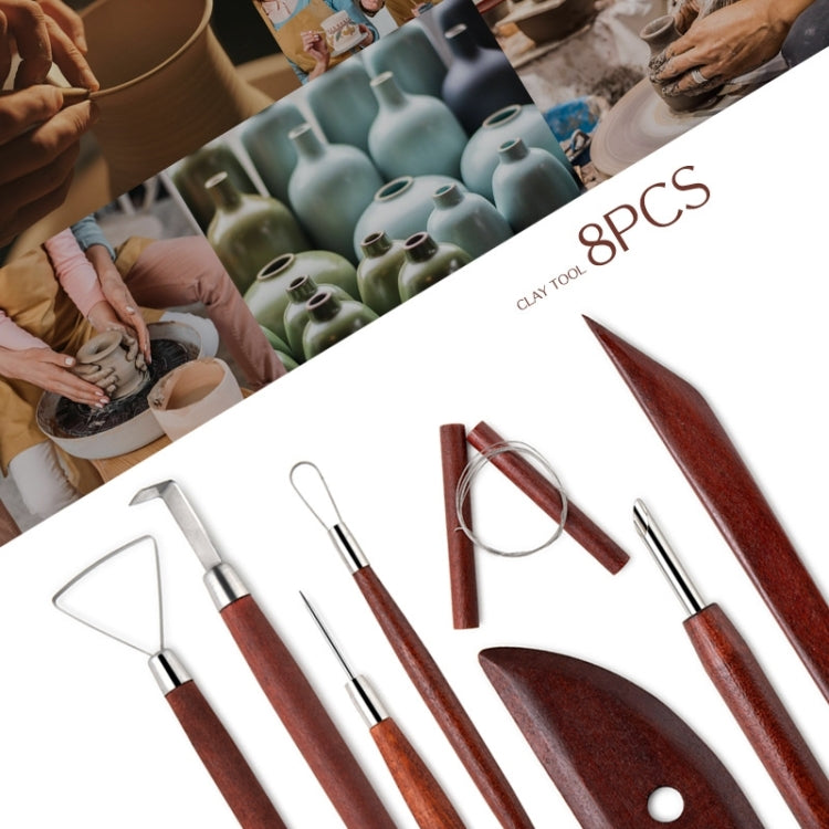 8-in-1 Wooden Handle Pottery Clay Tool set Ceramic Trimming Carving Knife, Dark Wooden Color
