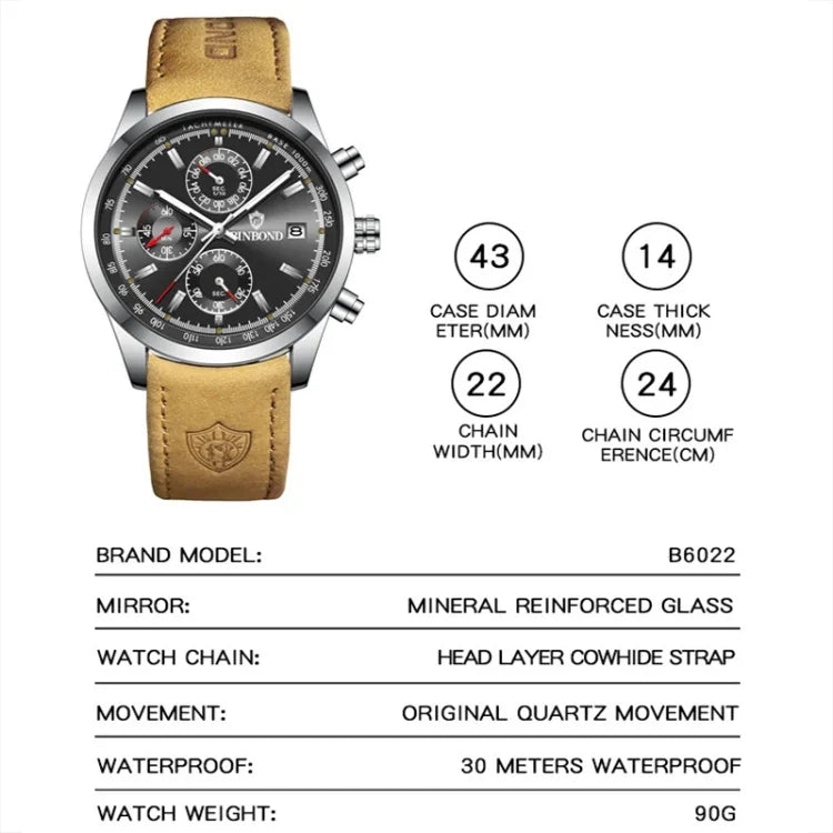 BINBOND B6022 30m Waterproof Luminous Multifunctional Quartz Watch, Leather-White Steel-Blue, Leather-White Steel-White, White Steel-White, Black Steel-Black, Black Steel-Blue
