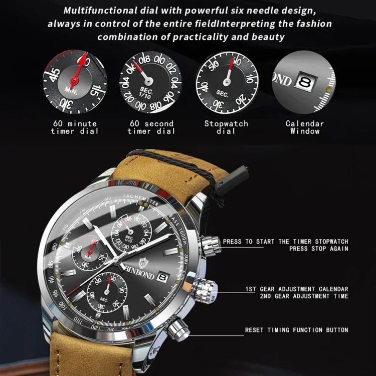 BINBOND B6022 30m Waterproof Luminous Multifunctional Quartz Watch, Leather-White Steel-Blue, Leather-White Steel-White, White Steel-White, Black Steel-Black, Black Steel-Blue