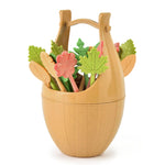 Mini Wheat Fiber Material Tableware Set Snack Dessert Forks, 16pcs Fruit Forks + 1pc Barrel