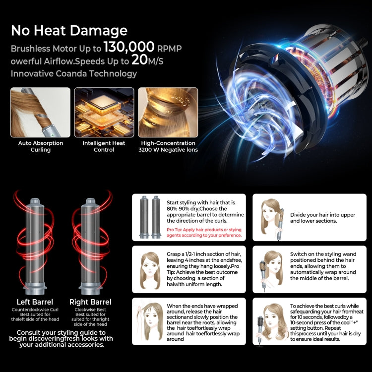 5 in 1 Hot Air Comb Automatic Curling Negative Ion Hair Dryer, Gray EU Plug, Gray UK Plug, Gray US Plug, Blue Gold US Plug, Black Gold EU Plug, Black Gold UK Plug