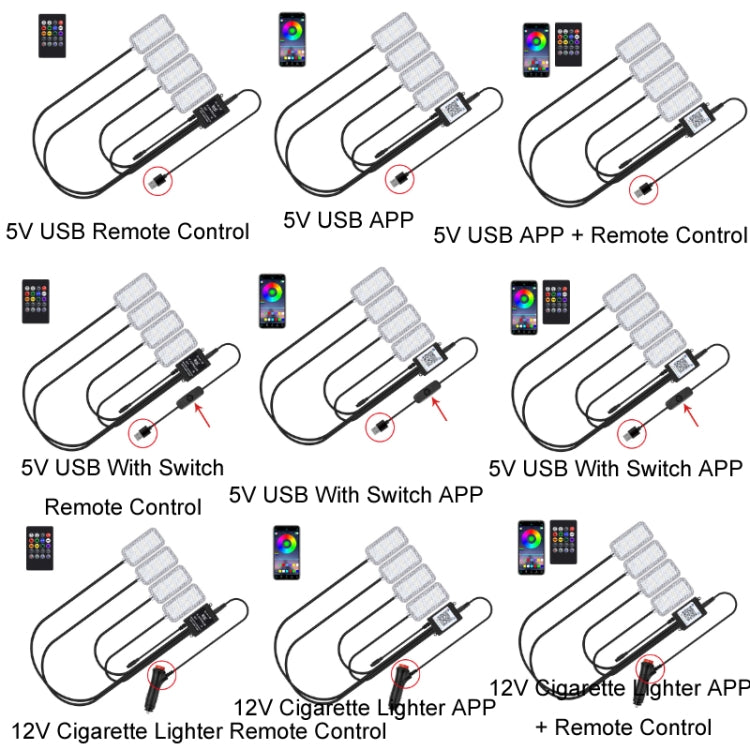 Eight-Color LED Voice Control Car Music Rhythm Atmosphere Light, 5V USB Remote Control, 5V USB APP, 5V USB APP + Remote Control, 5V USB With Switch Remote Control, 5V USB With Switch APP, 5V USB With Switch APP + Remote Control                         ...