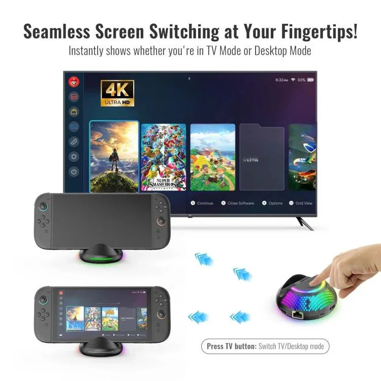 For Nintendo Switch 2 JYS 4K 60Hz TV Dock 5-In-1 HUB With Gigabit Ethernet Port RGB Ambient Lighting, JYS