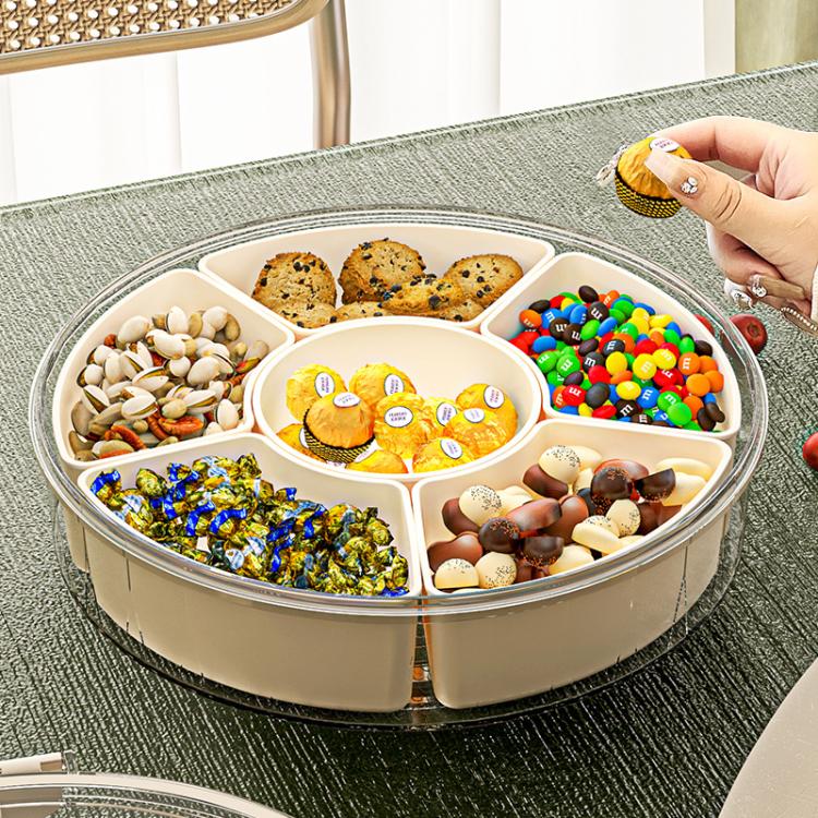 360-Degree Rotating 6-Compartment Snack Tray with Handle & Airtight Lid – Round Portable Food Storage Container for Fruits, Nuts, Candy, 6-Compartment