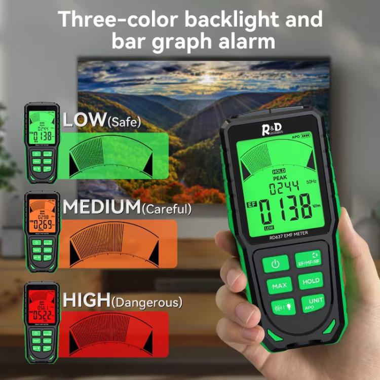 R&D INSTRUMENTS RD637 3 In 1 Digital Display Alarm Rechargeable Electromagnetic Radiation Tester, RD637