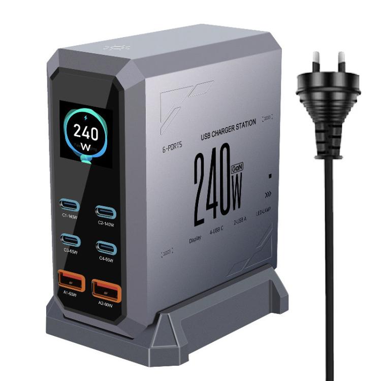 4 Type-C+2 USB Multi-Port 240W Dynamic Display Gallium Nitride Charger, AU Plug, US Plug, EU Plug, UK Plug