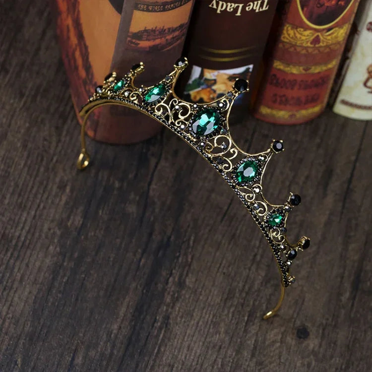 Vintage Small Baroque Green Crystal Tiaras Crowns for Women Girls Bride Wedding Hair Jewelry Accessories